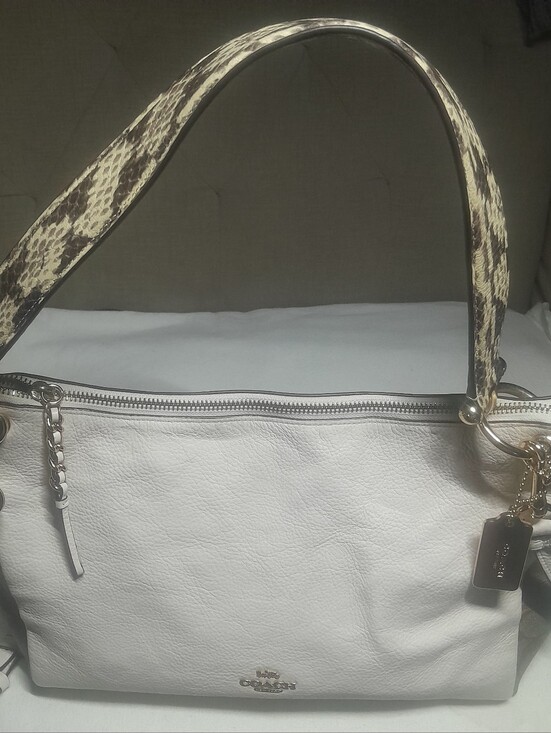 Coach White Leather Shoulder Bag with Snake-Print Handle